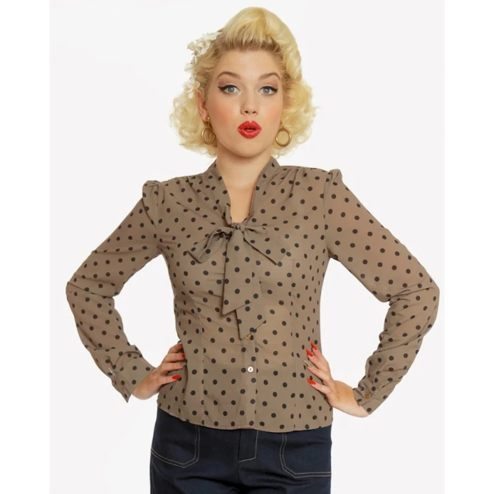 LINDY BOP Fallon Long Sleeve Blouse, Mocha/Black Polka Dot, Size 14 US, EUC - Picture 2 of 8